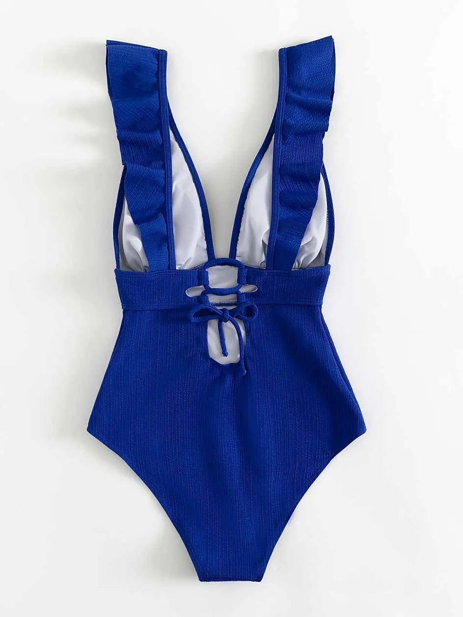 Sexy Ruffle Swimwear Women`s 2022 Deep V One Piece Swimsuit Female Bathing Suit Woman Bodysuit Swimming for Beach Wear Monokini