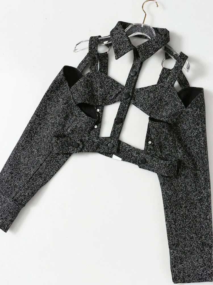 Fashion Women Jackets Slim Lapel Hollow Out Backless Single Breasted Long Sleeves Gray Short Coat Autumn 2024 New 7I0218