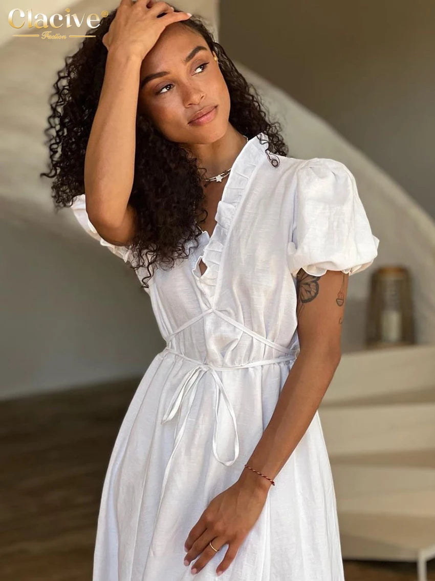 Clacive Summer Loose White Cotton 2 Piece Sets Women Outfit Fashion Short Sleeve Shirt With High Waist Pleated Long Skirts Set