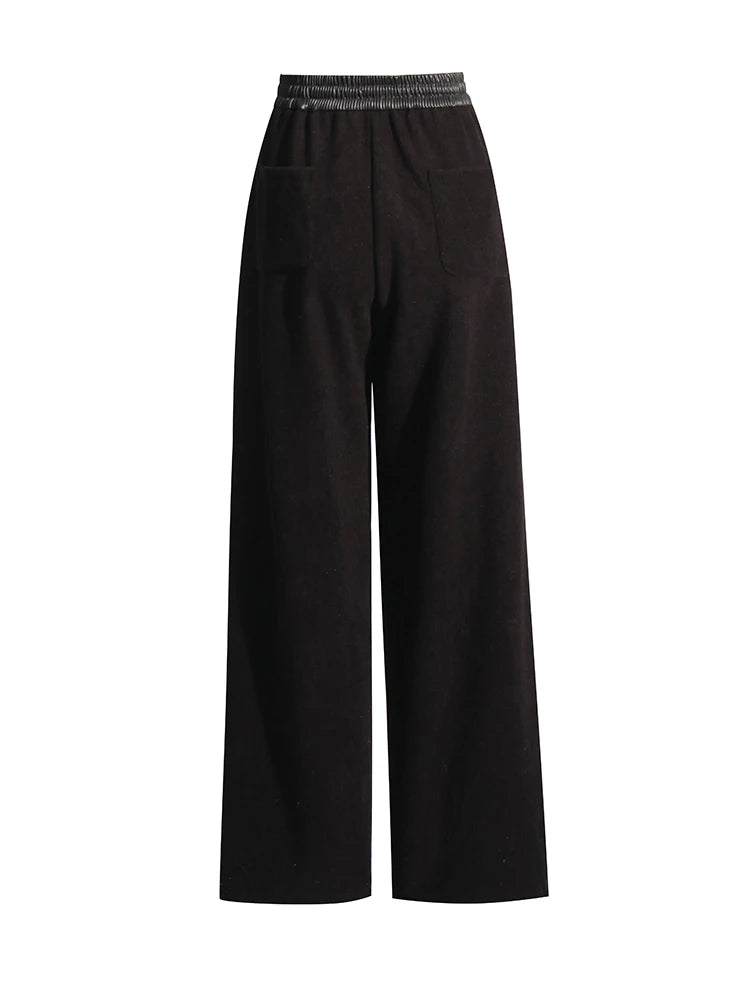 TWOTWINSTYLE Colorblock Patchwork Leather Wide Leg Pant For Women High Waist Spliced Drawstring Loose Casual Pants Female New