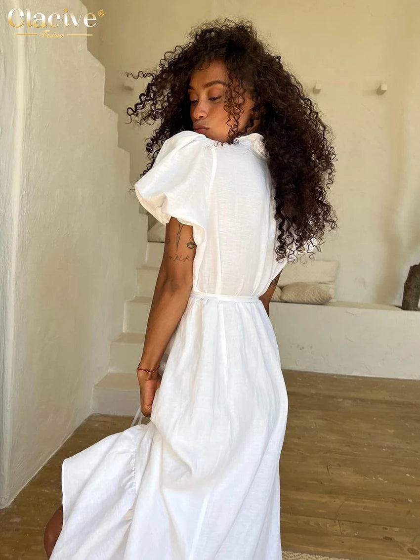 Clacive Summer Loose White Cotton 2 Piece Sets Women Outfit Fashion Short Sleeve Shirt With High Waist Pleated Long Skirts Set