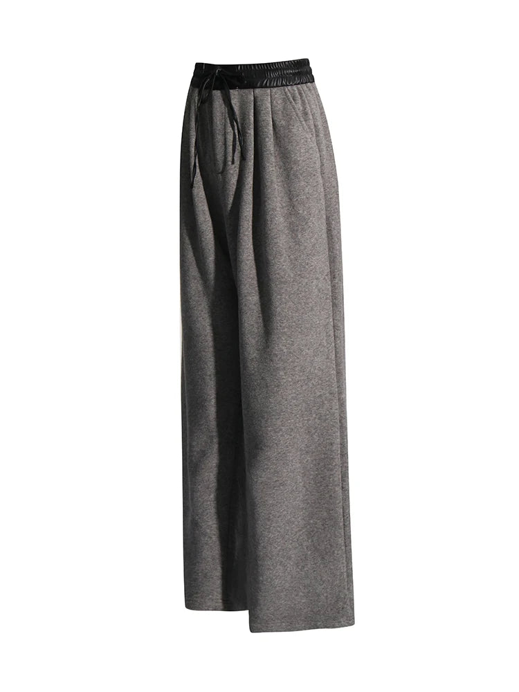 TWOTWINSTYLE Colorblock Patchwork Leather Wide Leg Pant For Women High Waist Spliced Drawstring Loose Casual Pants Female New