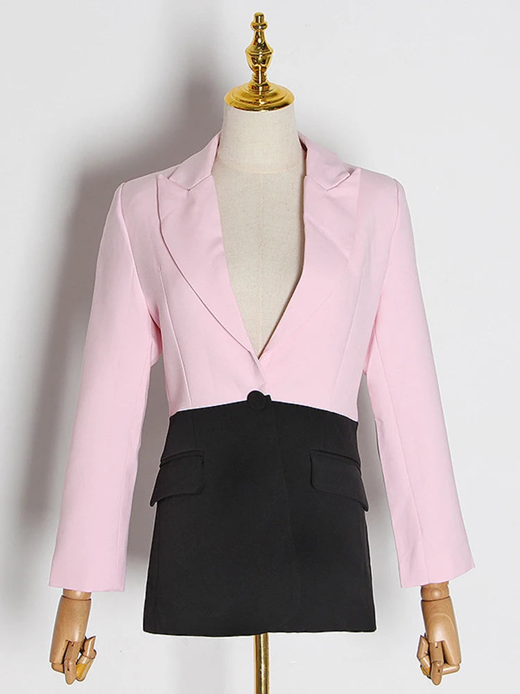 Pink and Black Color Block Casual Blazer