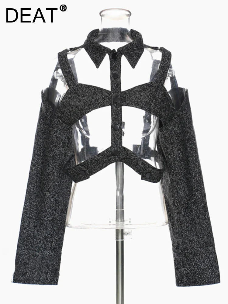 Fashion Women Jackets Slim Lapel Hollow Out Backless Single Breasted Long Sleeves Gray Short Coat Autumn 2024 New 7I0218