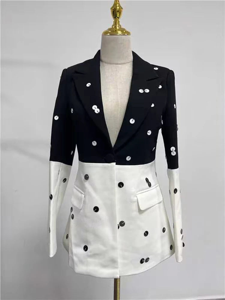 Color Block and Dots Two Piece Blazer and Skirt Set