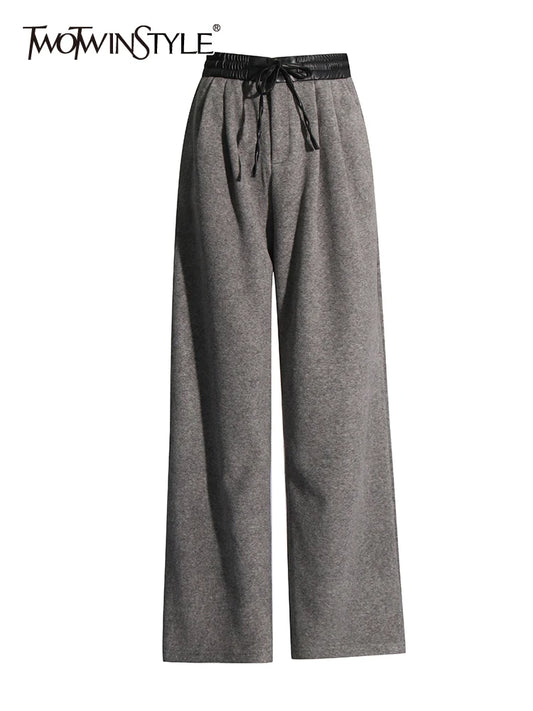 TWOTWINSTYLE Colorblock Patchwork Leather Wide Leg Pant For Women High Waist Spliced Drawstring Loose Casual Pants Female New