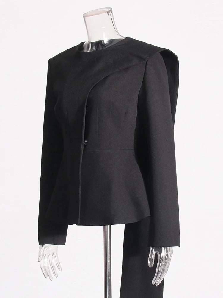 TWOTWINSTYLE Asymmetrical Slimming Blazers For Women Round Neck Long Sleeve Temperament Tunic Coat Female Clothing Fashion Style